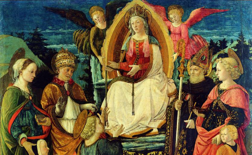 il tema centrale è la consegna della sacra Cintoladella Vergine a San Tommaso, durante la sua assunzione al cielo. La Madonna è al centro della scena ed è circondata dai Santi.