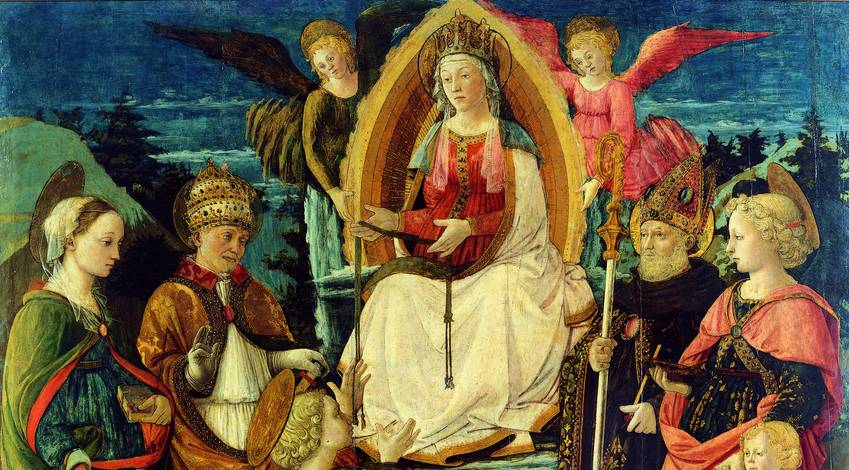 The central theme is the passing of the Sacred Girdle of the Virgin to St. Thomas during her Assumption into Heaven. The Madonna is in the middle of the scene and is surrounded by the Saints.