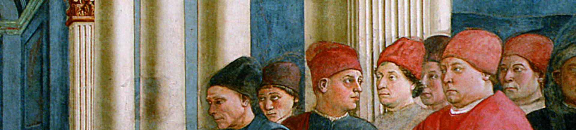 Filippo Lippi, Stories of St. Stephen and St. John the Baptist, Exequies of St. Stephen, 1453-1466, detail, Prato, Cathedral Detail of the right group of the Exequies of St Stephen. There are Pope Pius II in red clothes, behind him Charles II de' Medici, flanked by two brothers, probably the oldest is the same Lippi, while the other is Fra Diamante.