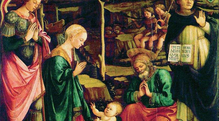 Beautiful composition showing devotion set in a harsh rocky landscape. In the centre is the Child between an exquisite Mary and Joseph in an original pose. The figures in the foreground stand out between St. George and St. Ferrer.
