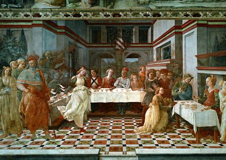 All'interno di un palazzo rinascimentale, alcuni commensali seduti con tavole imbandite. Sulla sinistra il re Erode in piedi e Salomè danzante, mentre sulla destra un'ancella mostra la testa del Battista su un piatto alla regina Erodiade seduta.