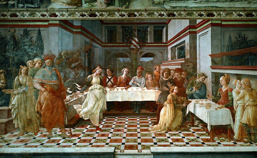 There are some diners seated at in a Reinassance palace. On the left there re King Herod and Salomè dancing, while on the right an handmaid shows the Baptist's head on a plate to Queen Herodias seated.
