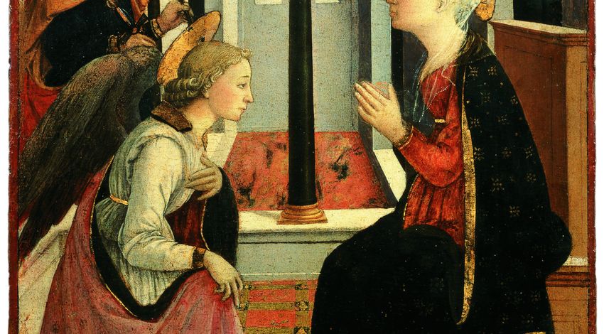 Scena dell'Annuncio a Maria con un'attenta resa prospettica dell'ambiente, diviso da una doppia arcata, con marmi e soffitti a cassettone. Nella parte anteriore le figure luminose di Maria, Gabriele e San Giuliano.