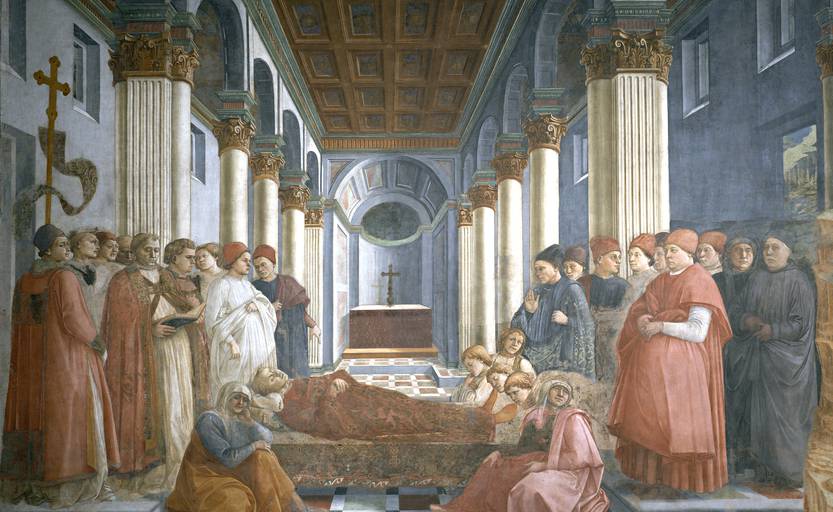 Inside of a paleocristiana basilica there are two groups of compact figures and in the center the body of the saint on a catafalque covered with a rich oriental rug. In the group of right there are: Pope Pius II, dressed in red and Carlo de' Medici. 